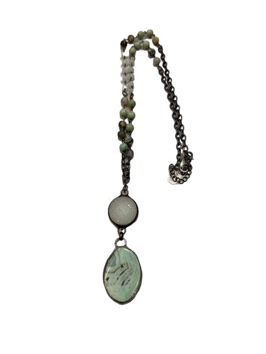 Long Necklace with Aqua Terra Agate and White Glass Connector