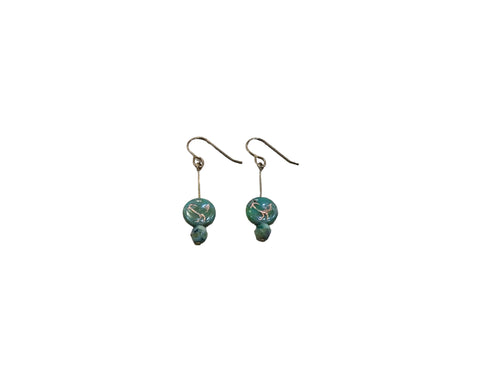 Mint blue & gold Czech glass beads on long wire earrings