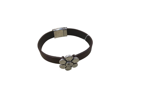 Silver flower w/ brown leather bracelet