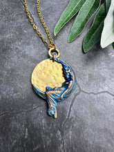 Moon Goddess Necklace, Celestial Brass Pendant with Blue