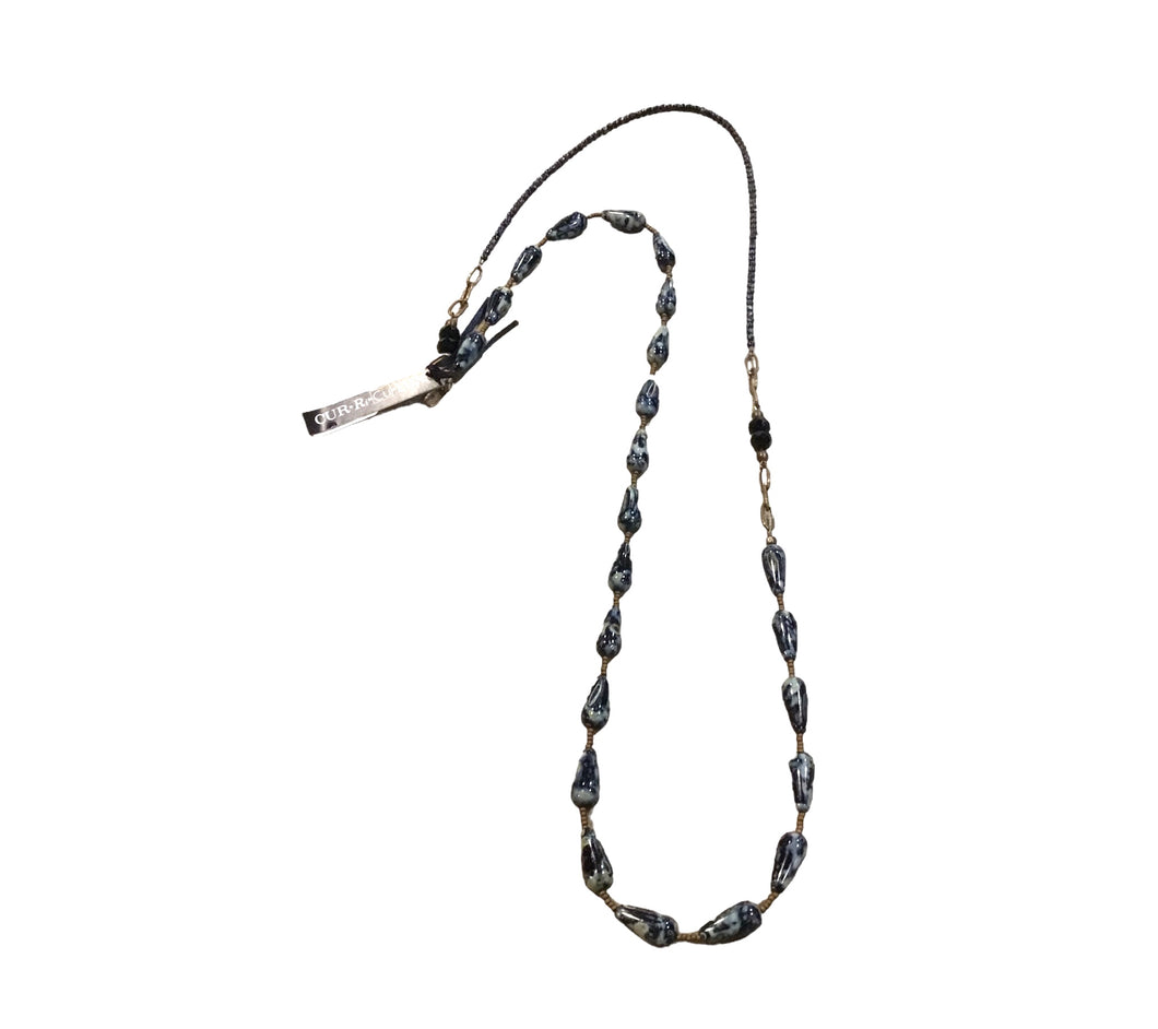 Black Picasso tear drop Czech bead long necklace with beads in back 38
