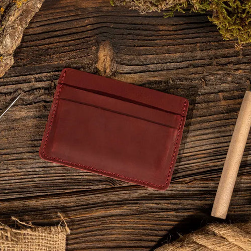 Genuine Leather Handmade Card Holder Wallet - Red