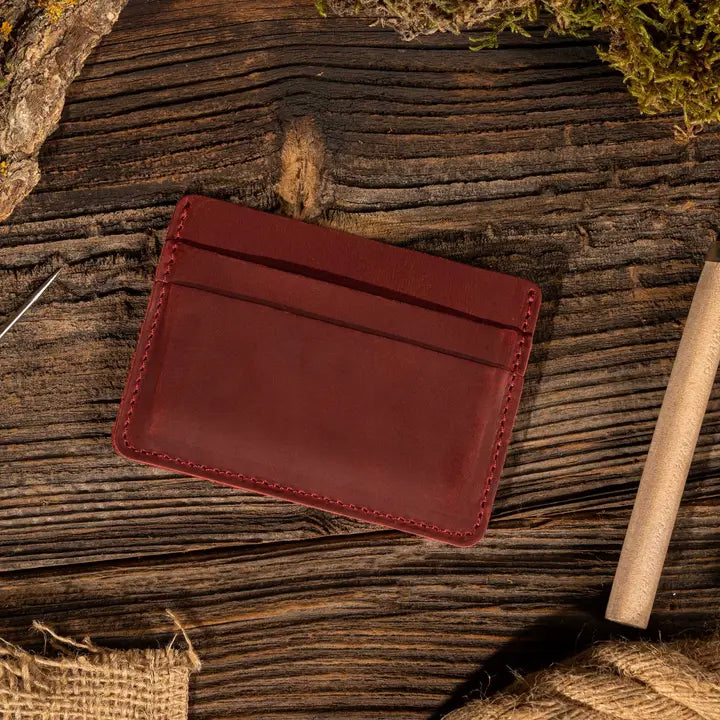 Genuine Leather Handmade Card Holder Wallet - Red