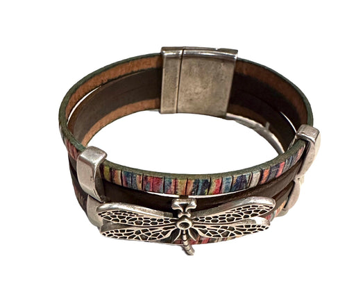 Dragonfly Brown and Painted Leather Cuff Bracelet