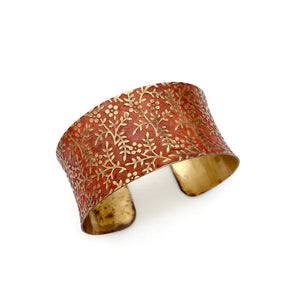 Brass patina bracelet-Red orange brass floral vines