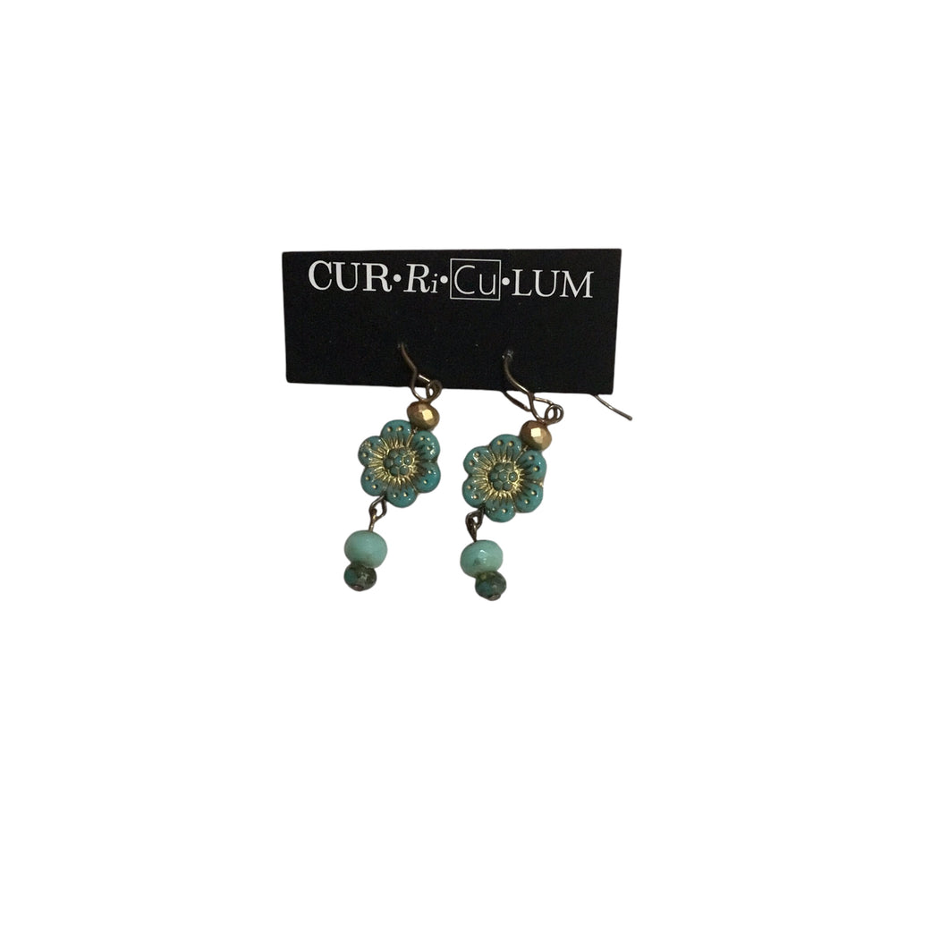 Aqua Wild Rose with Gold Czech Glass Earrings
