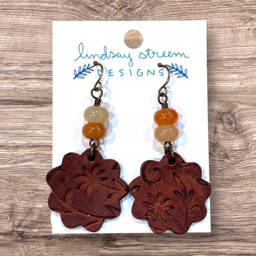 Leather Flower Earrings with Red Aventurine