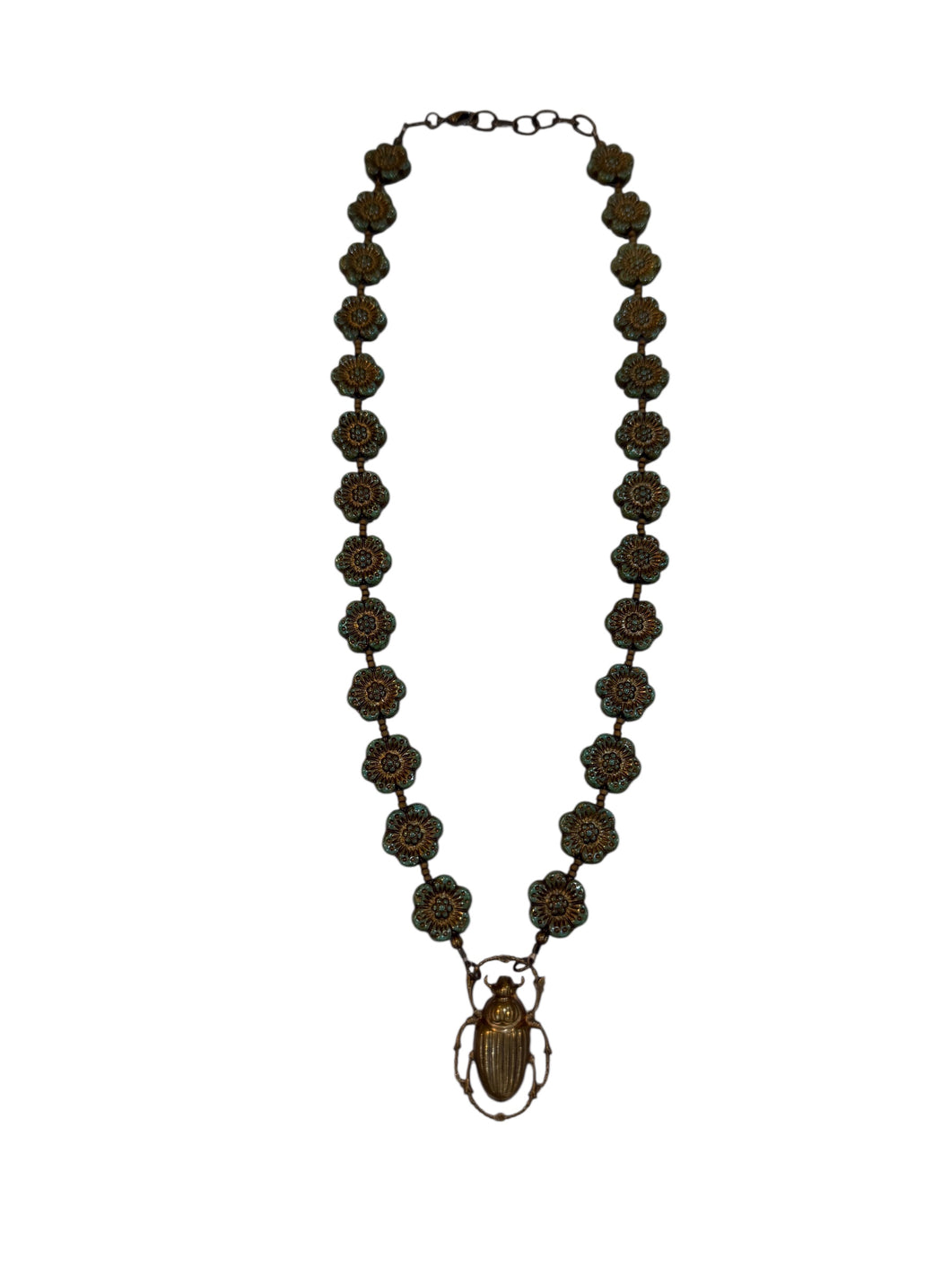 Dark Green Wild Rose Czech Glass Necklace with Scarab - 16