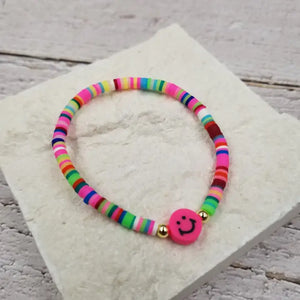 Smiling Face Rainbow Heishi Bracelet - Rose Red