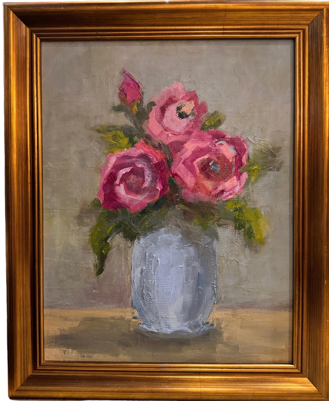 Blue Vase with Pink Roses