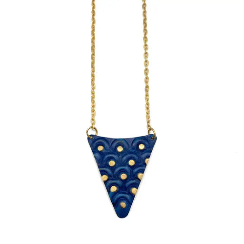 Brass patina necklace - Cobalt blue  triangle with brass dots