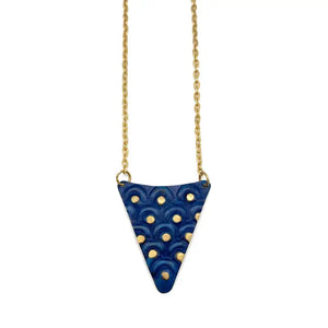 Brass patina necklace - Cobalt blue  triangle with brass dots