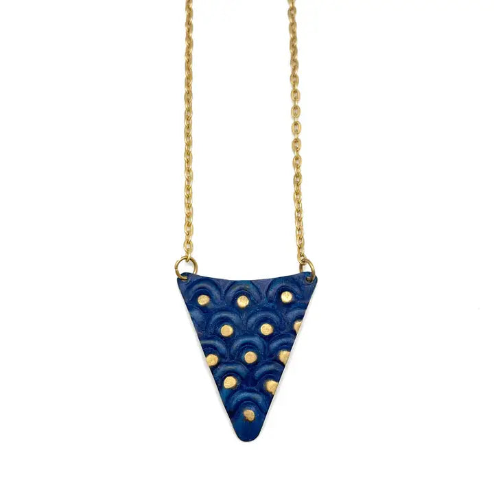 Brass patina necklace - Cobalt blue  triangle with brass dots