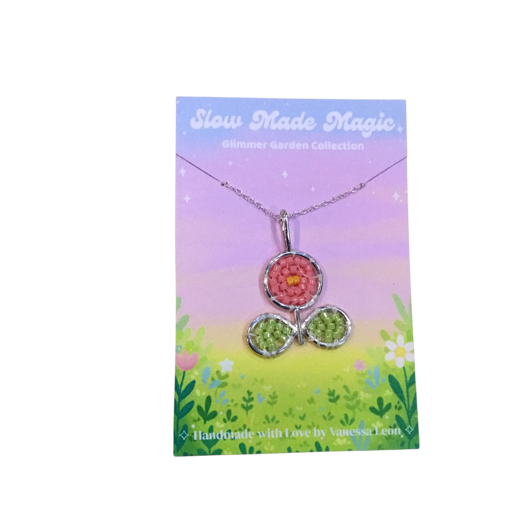Round Flower Pendant Necklace - Pink and Green