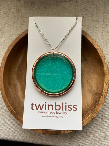 Large Rose Gold/Blue Circle on Silver Chain Necklace