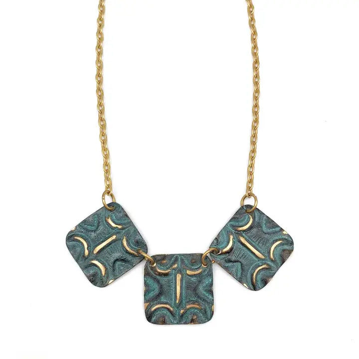 Brass patina necklace - Aqua squares with moons and lines