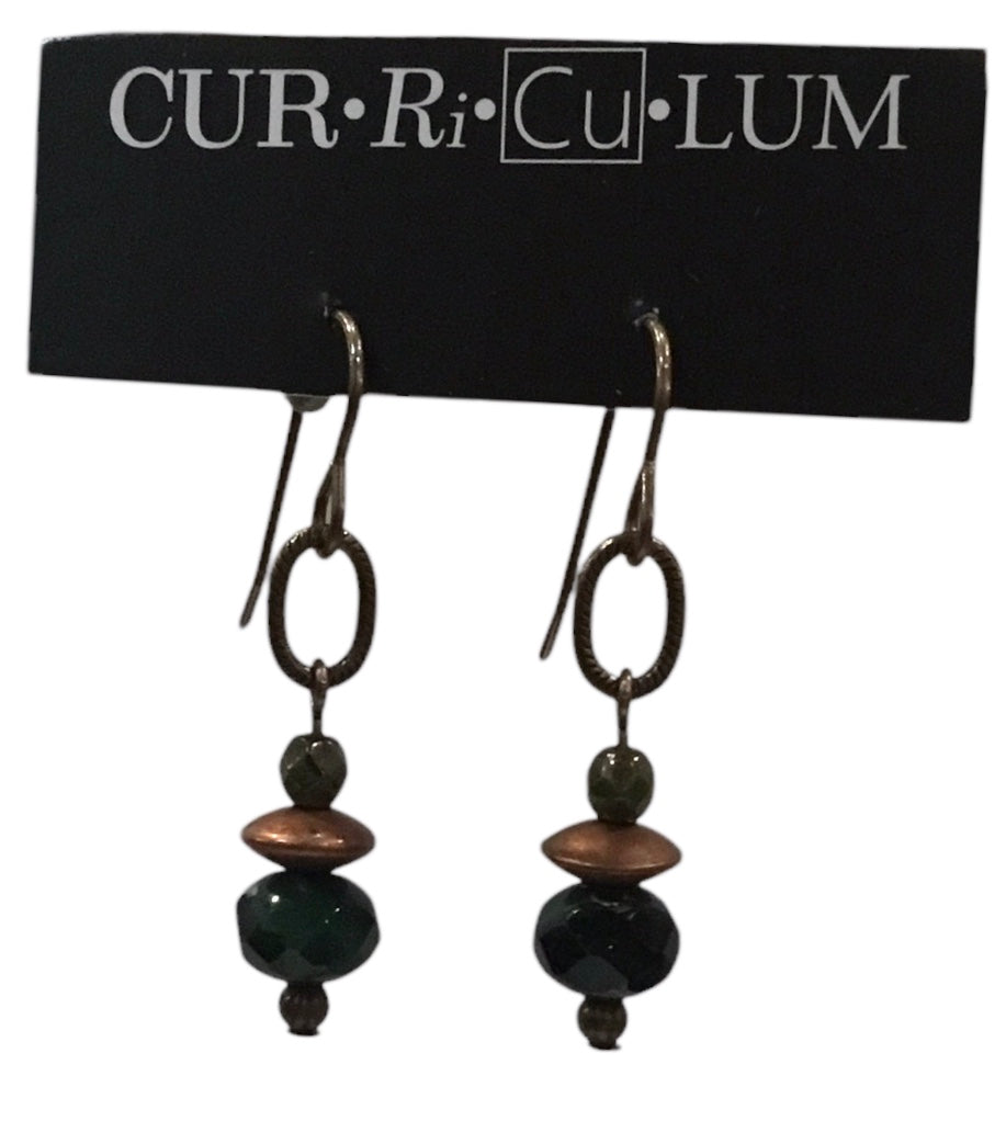 Dark Green Tile Czech Glass with Copper Disk Earrings