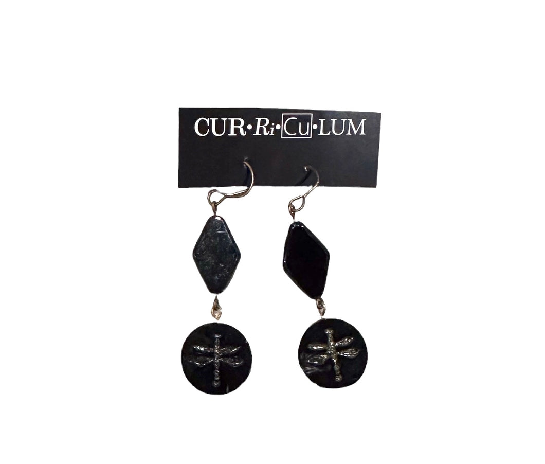 Black Dragonfly and Black Diamond Earrings--Czech Glass Beads