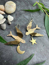 Flying Swallow Earrings, Moon Star, Celestial Bird Dangles