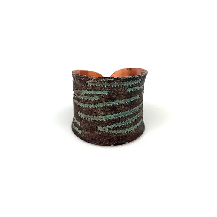 Copper patina ring - teal and brown texture