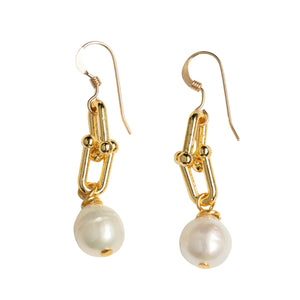 Gold Paperclip Link Pearl Dangle Earrings