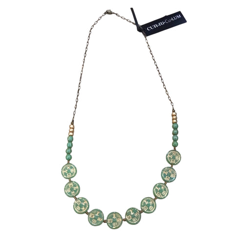 Green Coin with Gold Czech Glass Necklace