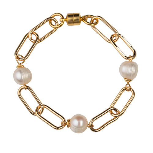 Large Gold Paperclip Chain Pearl Bracelet