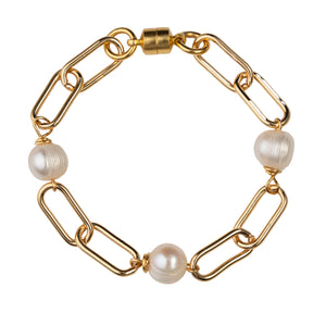 Large Gold Paperclip Chain Pearl Bracelet