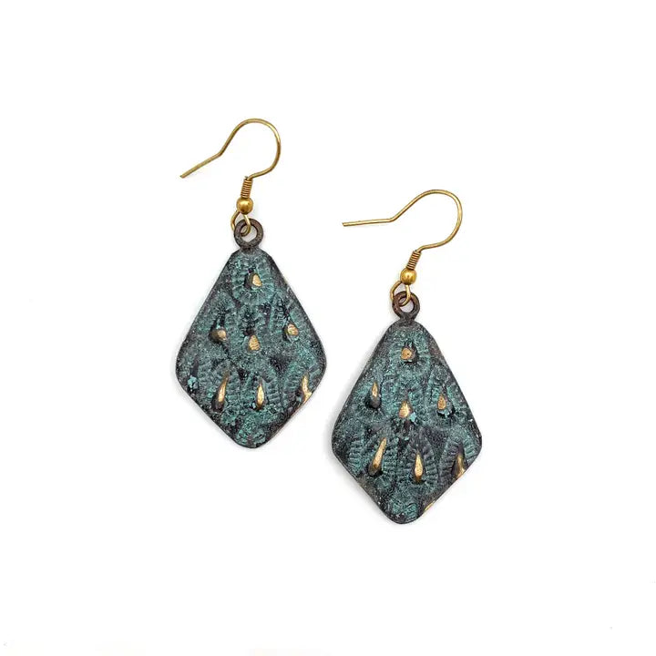 Brass patina earrings - Aqua on brown teardrops and dots