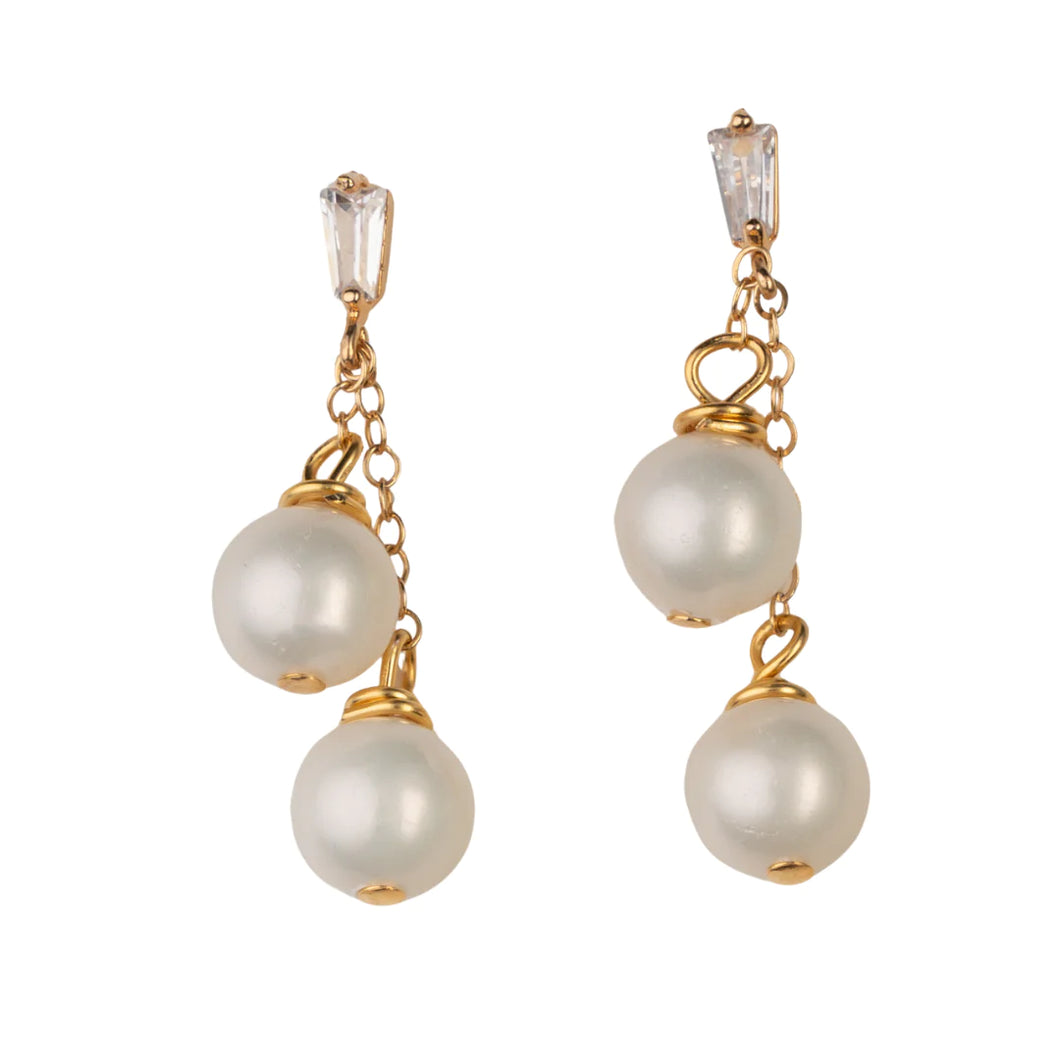 Double Pearl Dangle Stud Earrings