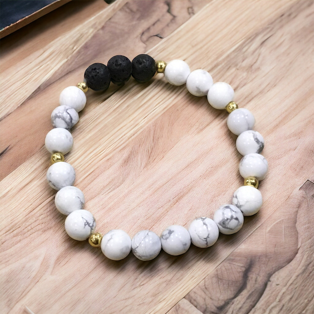 Howlite and Lava Stone W/ Gold Spacer Bracelet--8 mm