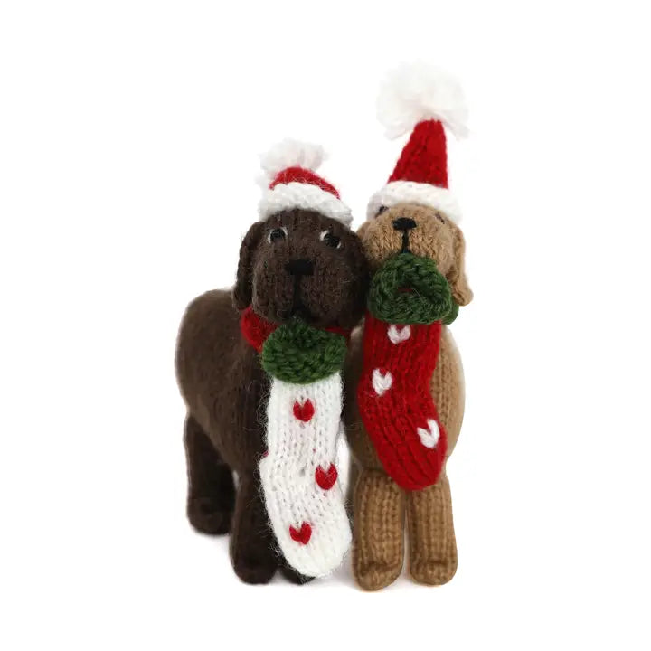 Handmade Knit Dog With Stocking Ornament