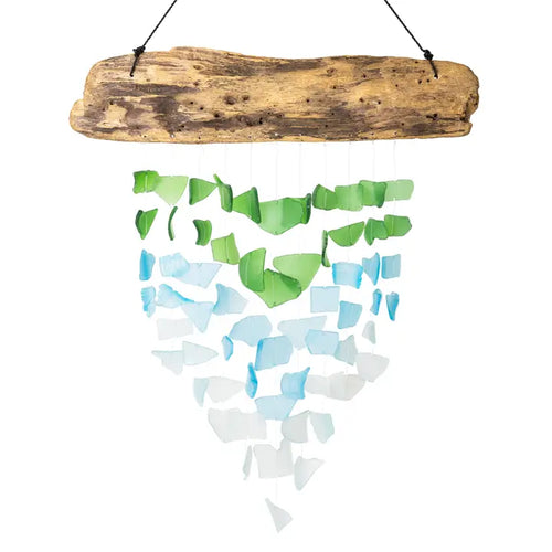 Driftwood & Upcycled Glass Chime - Aqua, Turquoise, Green