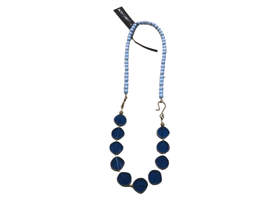 Capri blue and small denim blue Czech bead necklace with side clasp 21