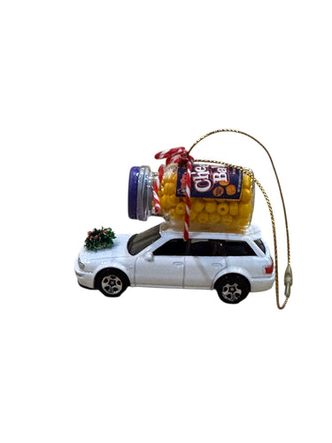 Cheese Balls on White Audi Ornament