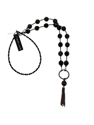 Black Faceted Round Czech Glass Necklace with Tassel - 32