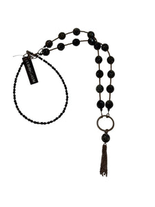 Black Faceted Round Czech Glass Necklace with Tassel - 32"