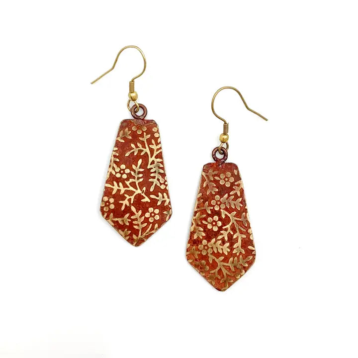 Brass patina earrings - Red orange brass floral vines