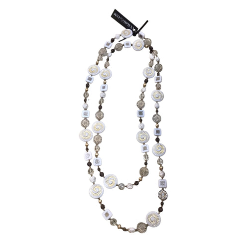 White Fossil Shell With Mixed White, Brown and Gold Czech Glass Wrap Necklace