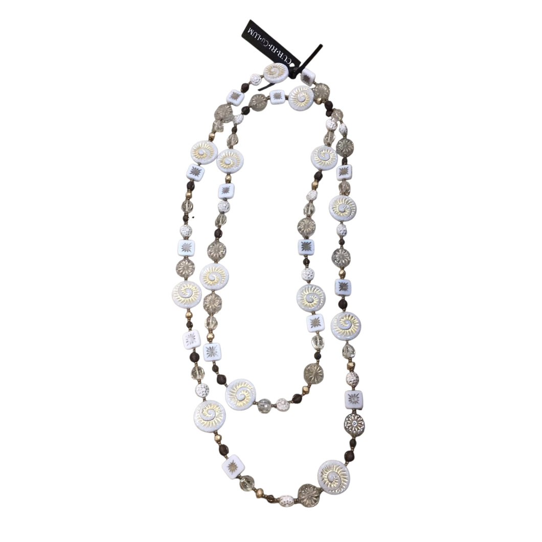 White Fossil Shell With Mixed White, Brown and Gold Czech Glass Wrap Necklace