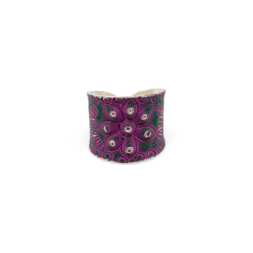 Silver patina ring - purple floral and dots