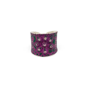 Silver patina ring - purple floral and dots