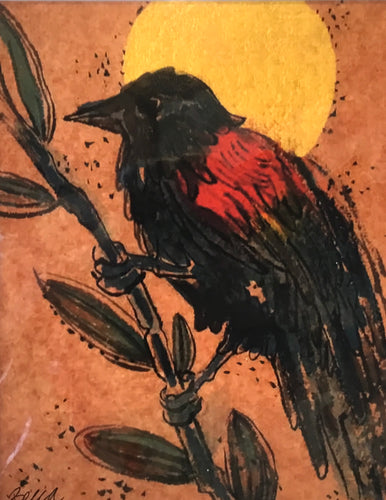 Red winged black bird gold moon