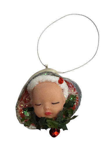 Sleeping Snow Baby with Holly Oyster Shell Ornament