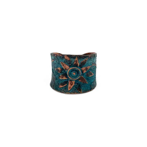 Copper patina ring - teal sun flower design