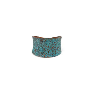 Copper patina ring - turquoise scallop design