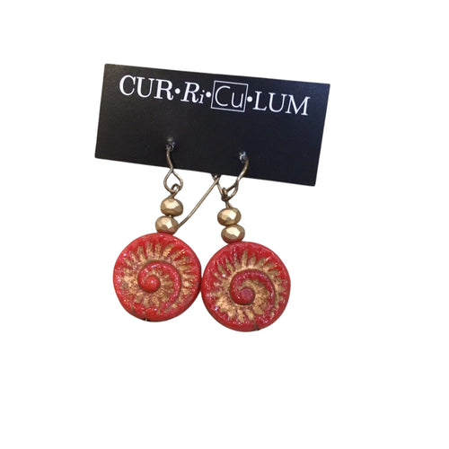 Red Fossil Shell With Gold Czech Glass Earrings