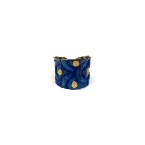 Brass patina ring - cobalt blue waves and brass dots