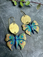 Peacock Butterfly Earrings - Hand Painted Brass Dangles