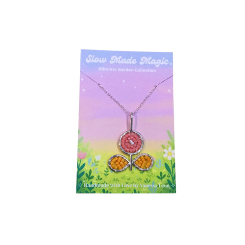 Round Flower Pendant Necklace - Pink and Yellow